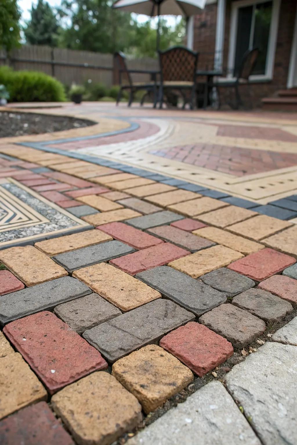 Artistic interlays introduce visual intrigue to the brick patio