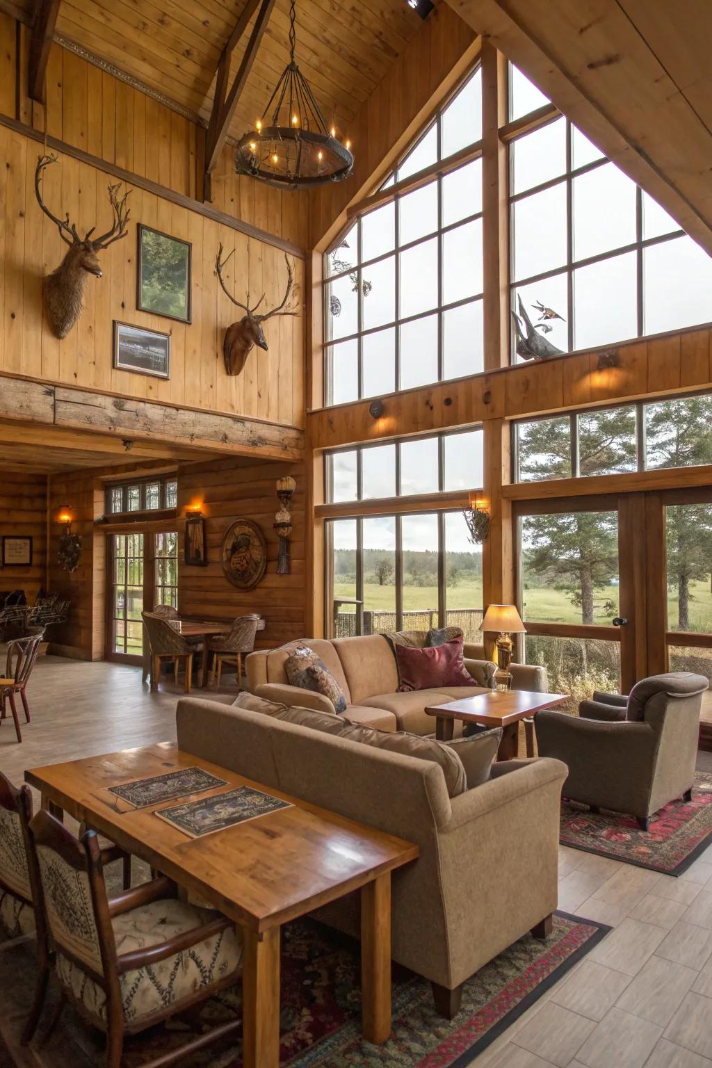 An open-plan hunting lodge interior featuring communal seating arrangements.