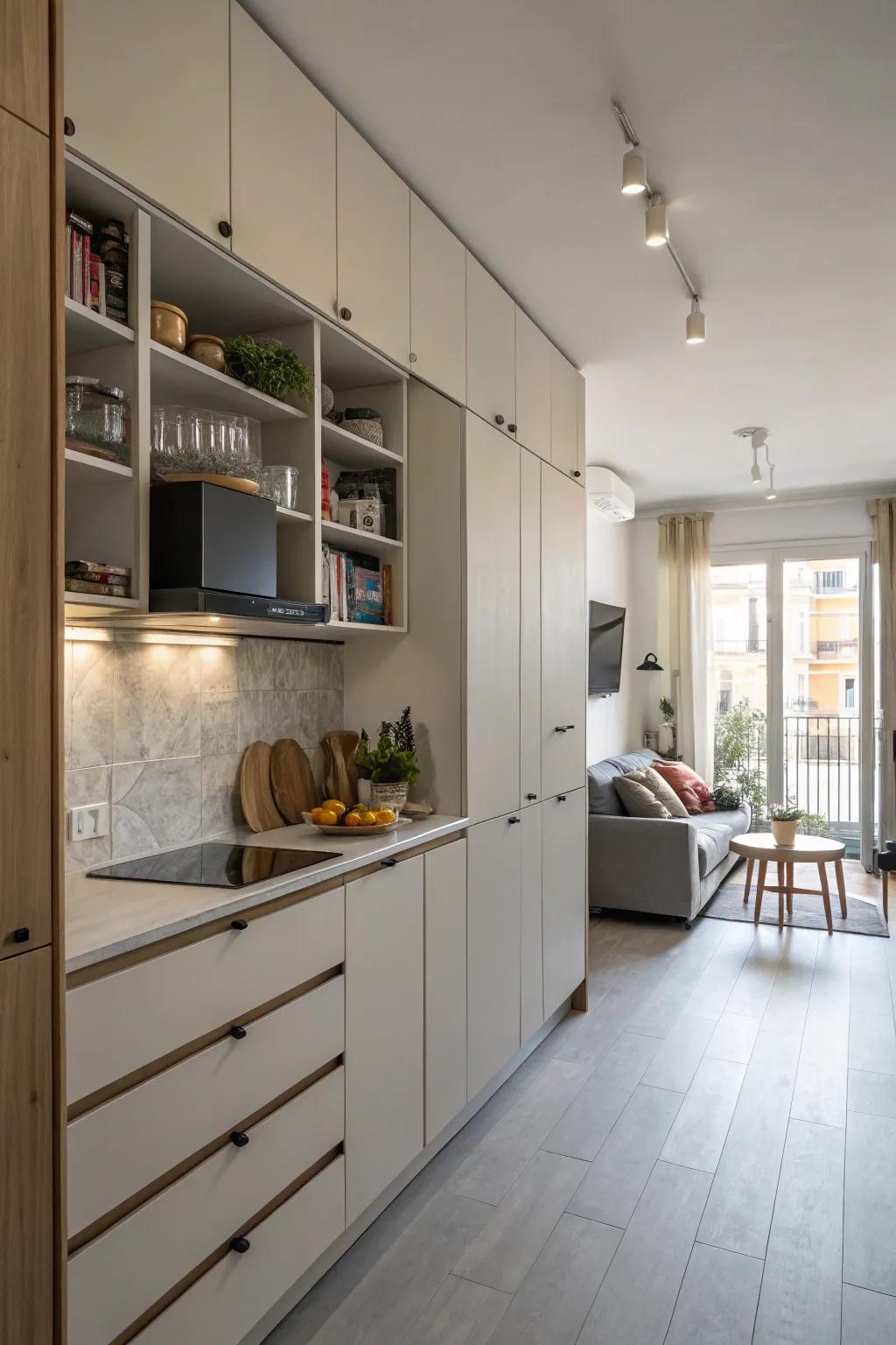 Vertical storage options maximize area in a kitchen.
