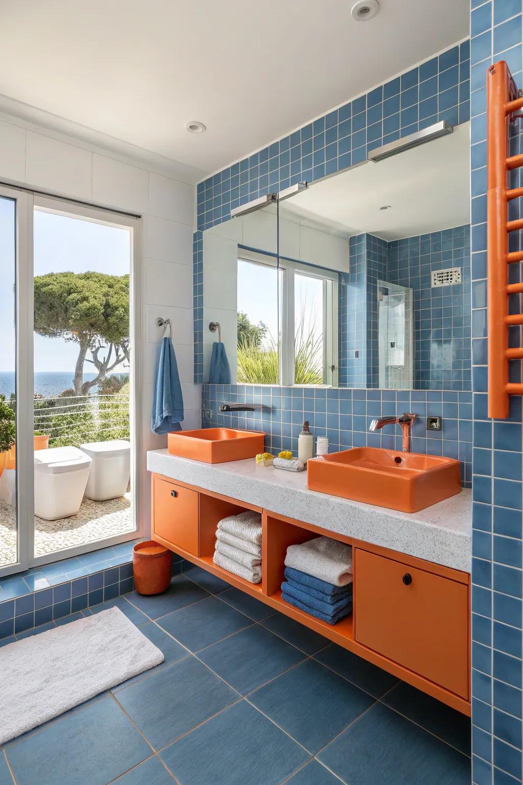A modern bathroom displaying a striking orange and blue color scheme.