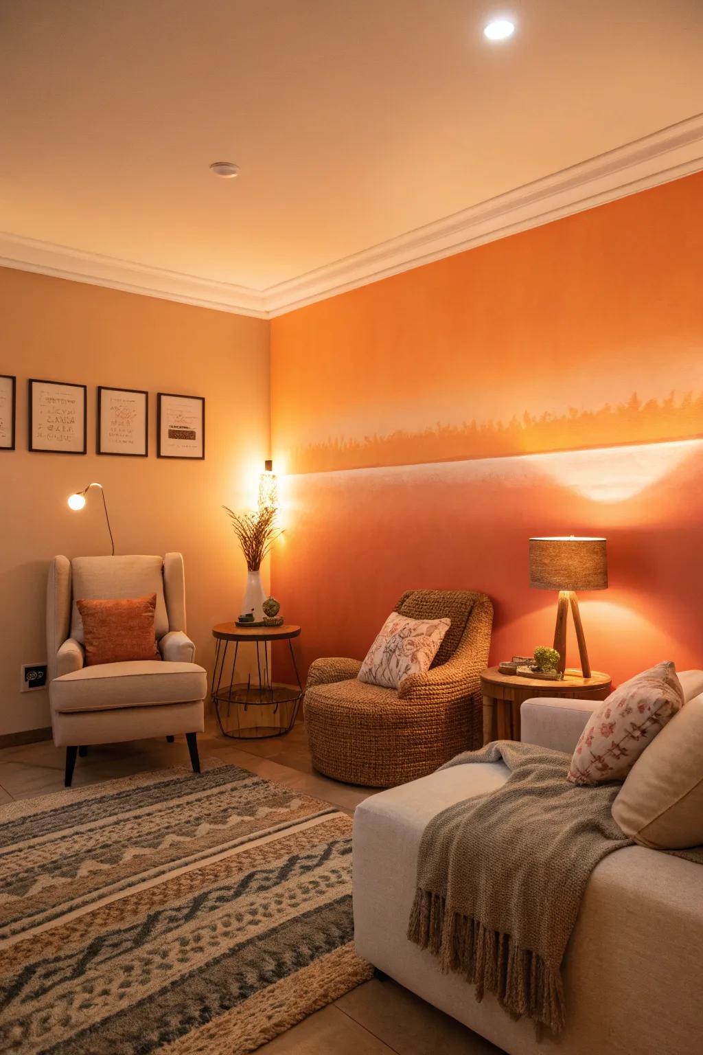 A room radiating comfort with its soothing tangerine ombre wall.