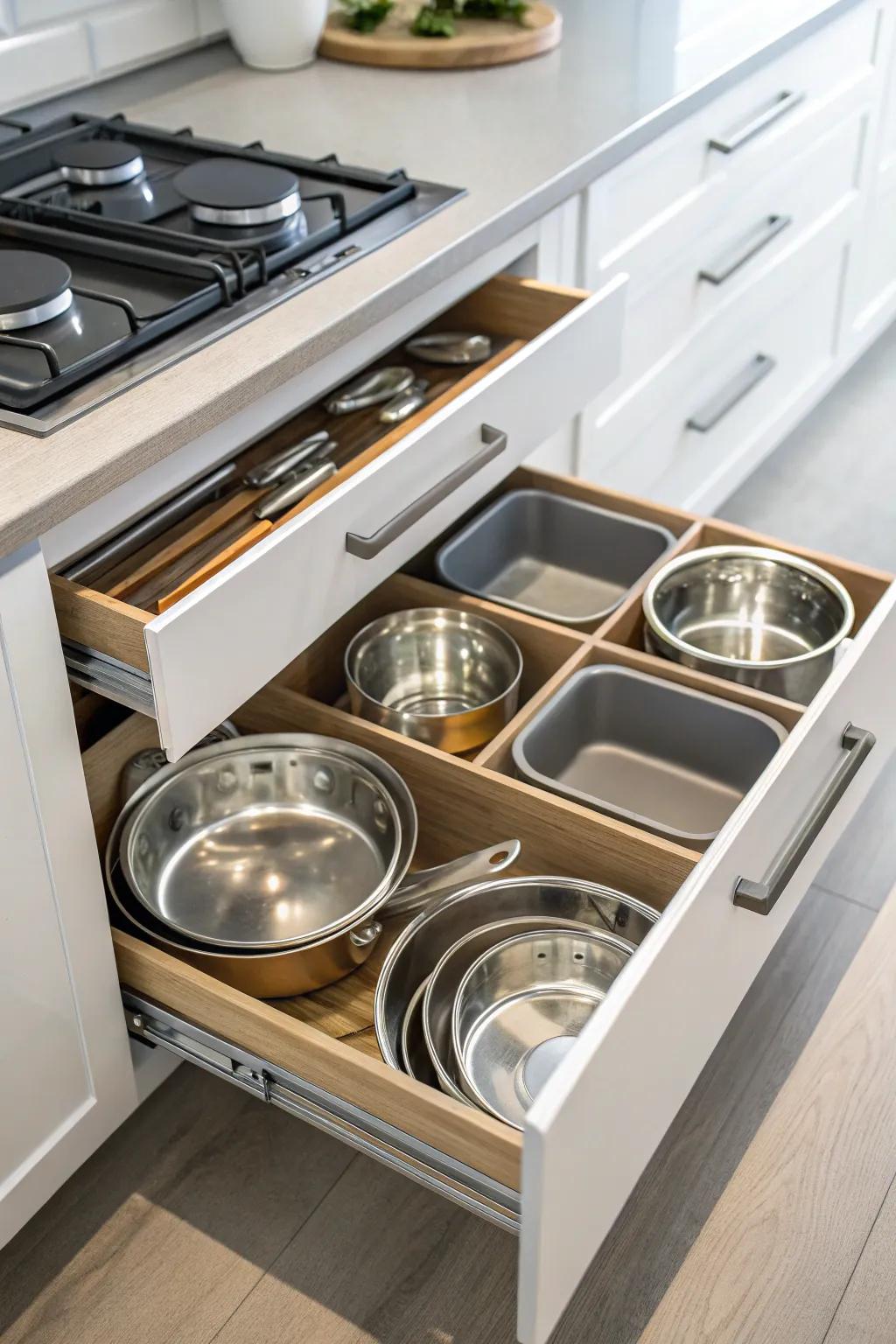 Drawer inserts maintain neatness and protect pans.