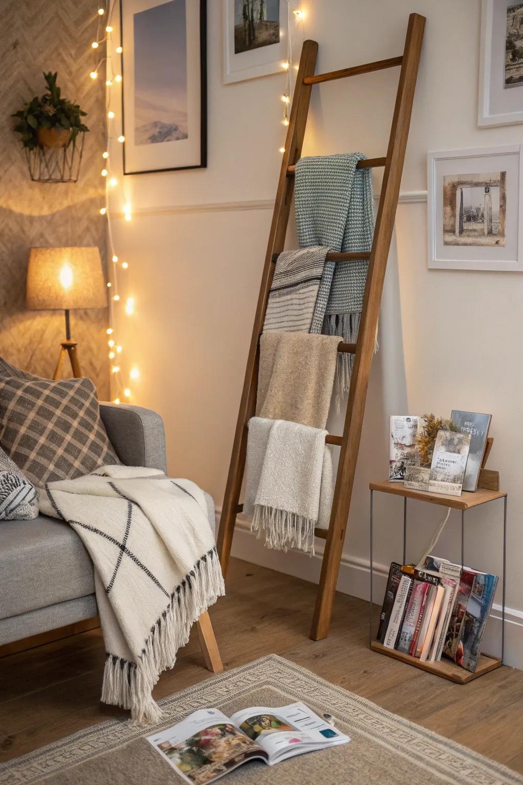 A ladder adds rustic design and storage efficiency.