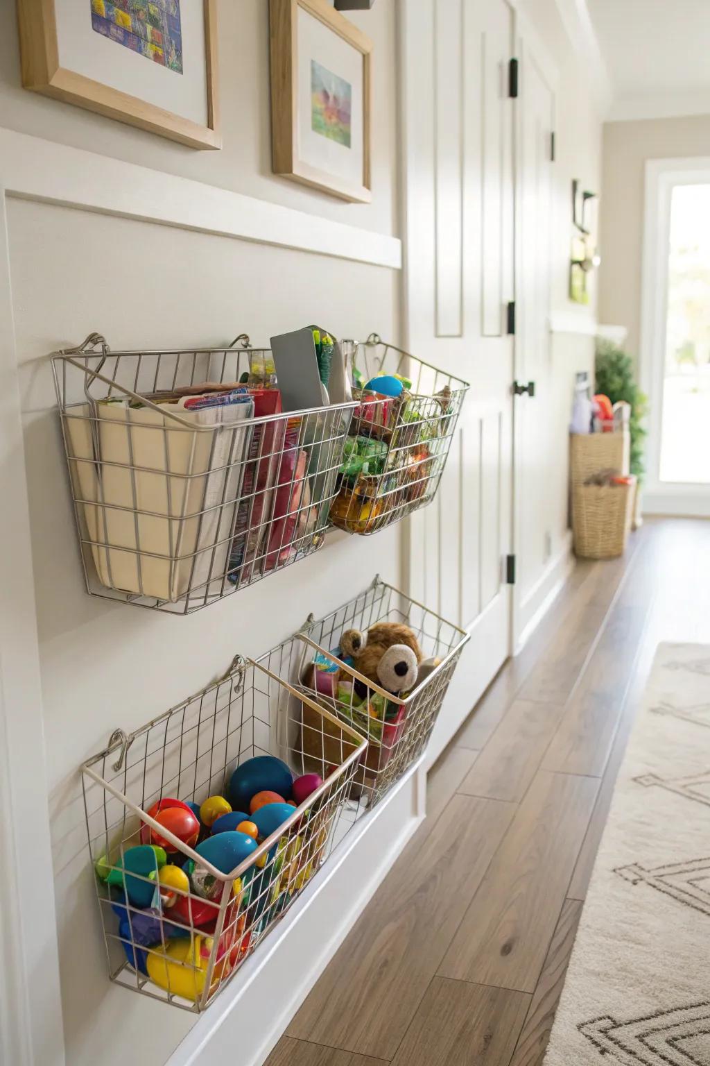Baskets on walls for effective storage.