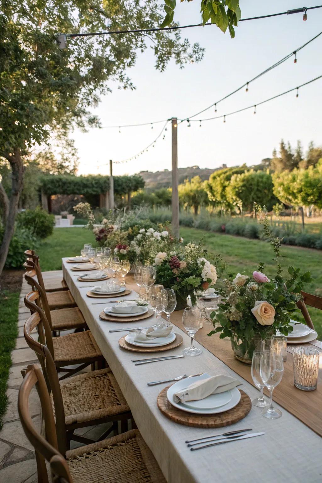An exquisitely arranged alfresco feasting table prepared for attendees.