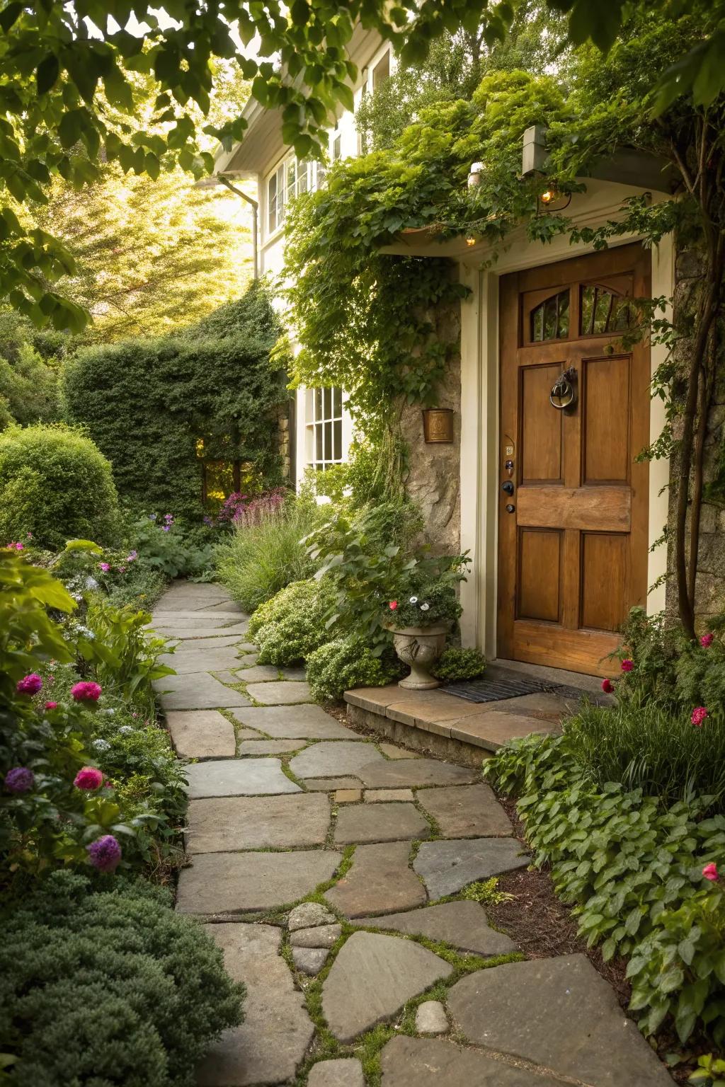 A meticulously designed pathway welcomes visitors and incorporates framework into your entryway.