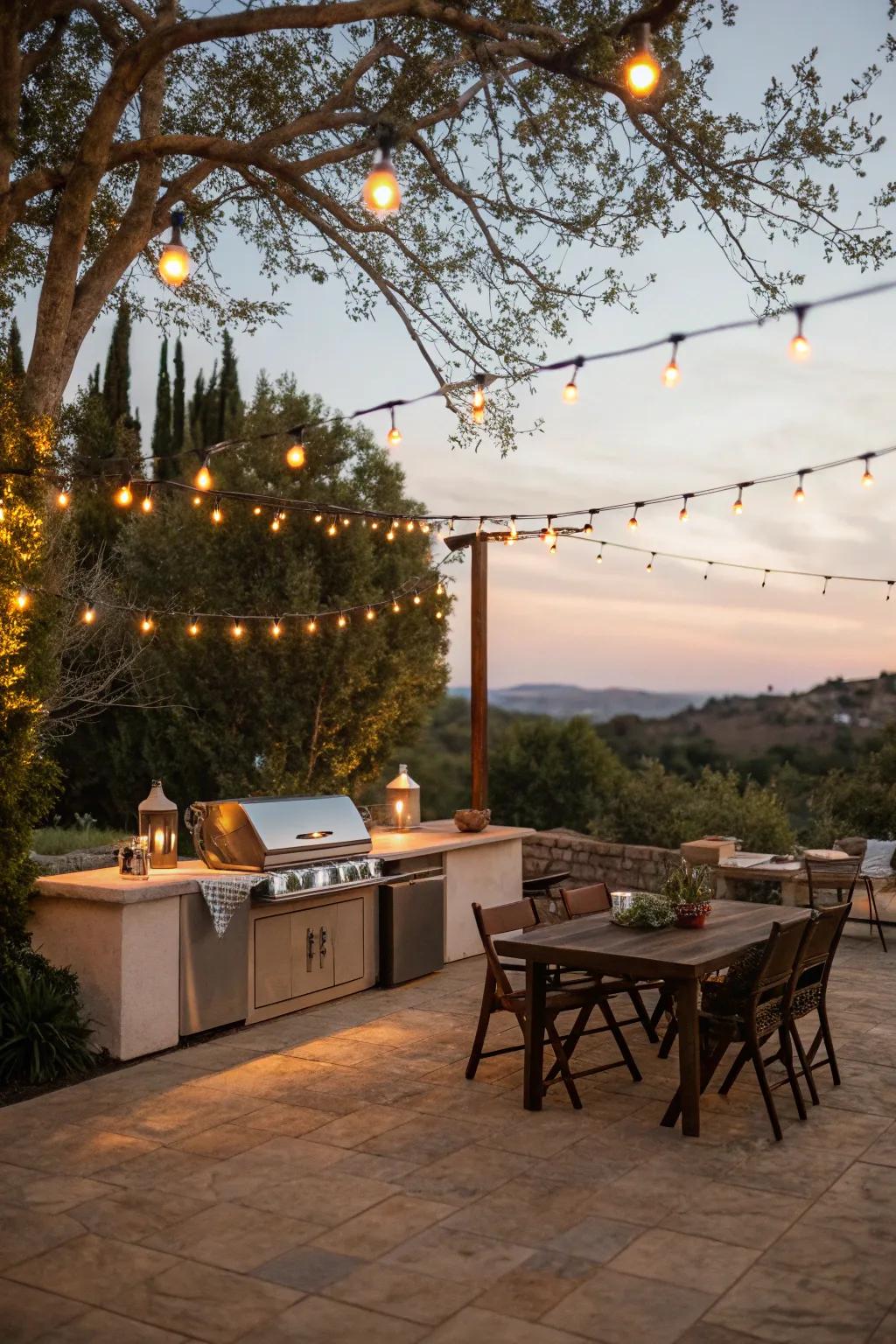 Suspended lights impart a whimsical ambiance to the grill area.