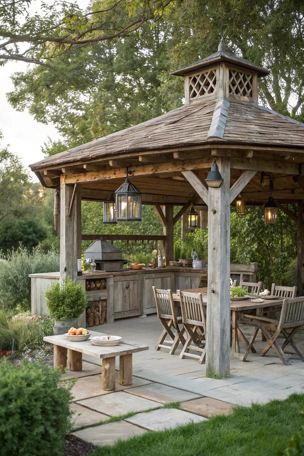 Embrace rustic refinement with a farmhouse-inspired outdoor cooking gazebo.