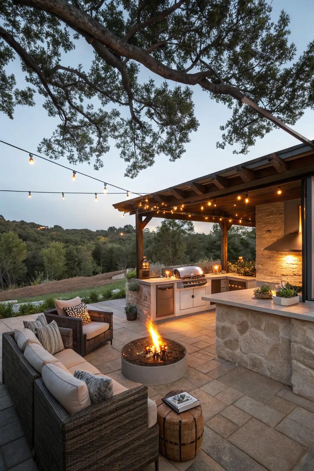 Fire elements paired with illumination fashion a magical outdoor atmosphere.