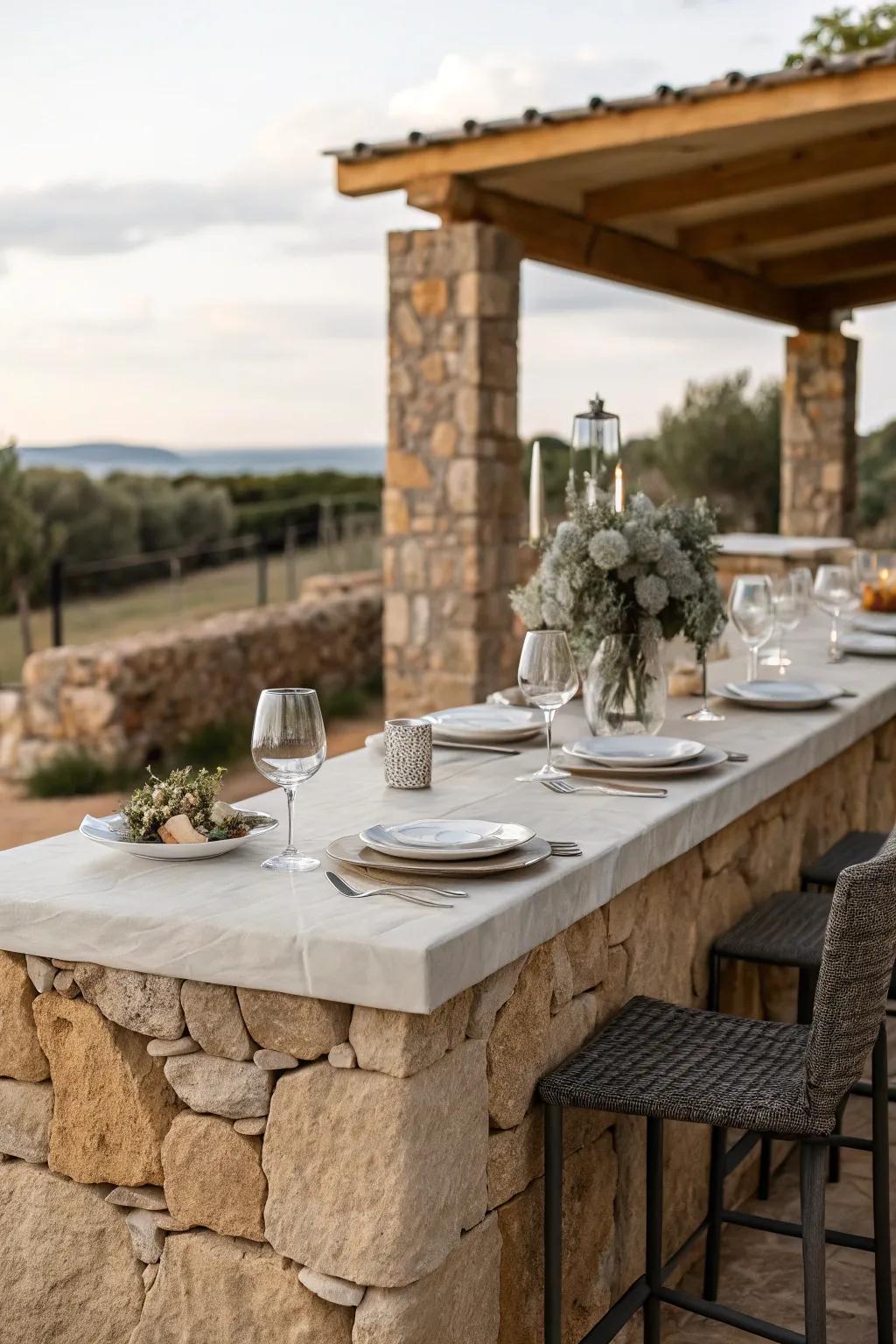 A stone bar doubling as a dining table, suitable for outdoor dining.