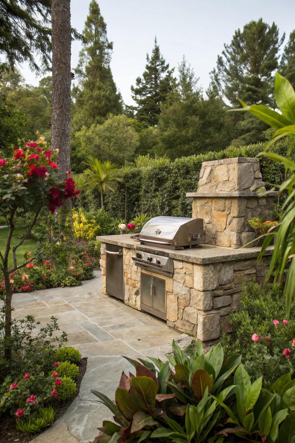 Enhance your BBQ setting with verdant foliage to attain a revitalizing outdoor atmosphere.