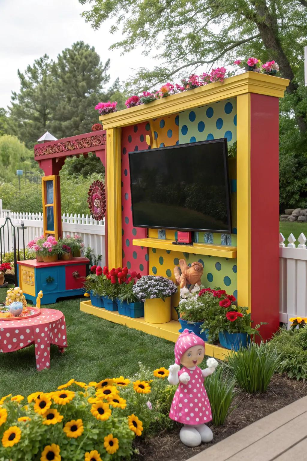 Incorporate a touch of color using a vibrant TV space in your garden.