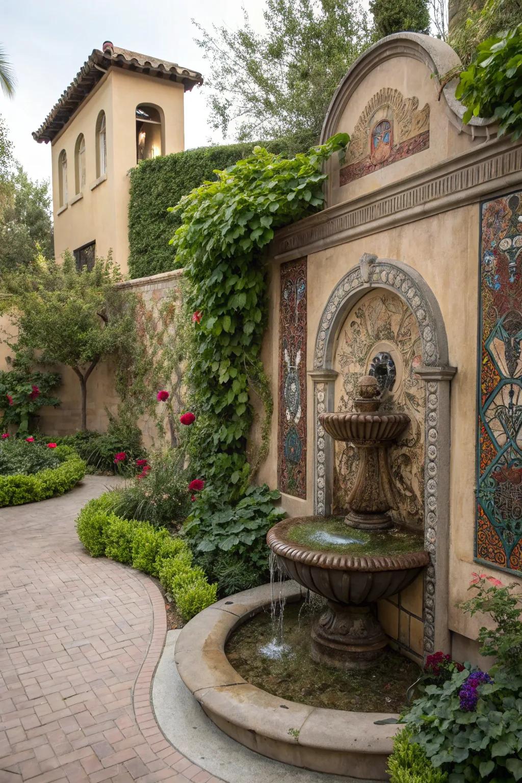 Sculptural designs introduce artistic appeal to wall fountains.