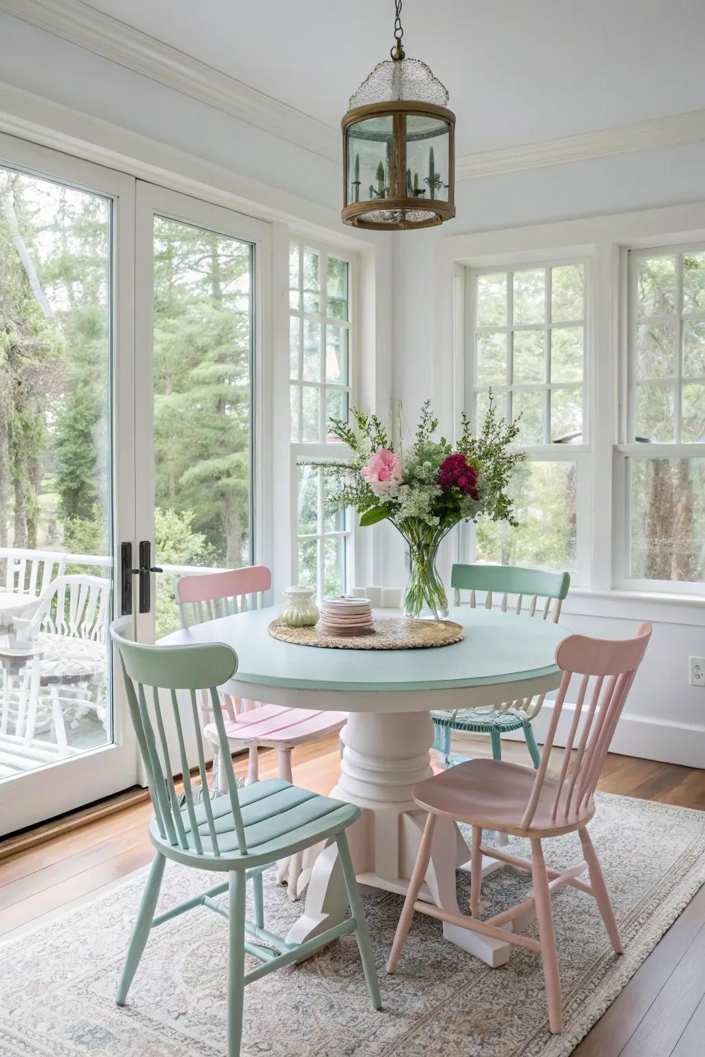 Pastel colors inject a playful, joyful ambiance into your dining space.