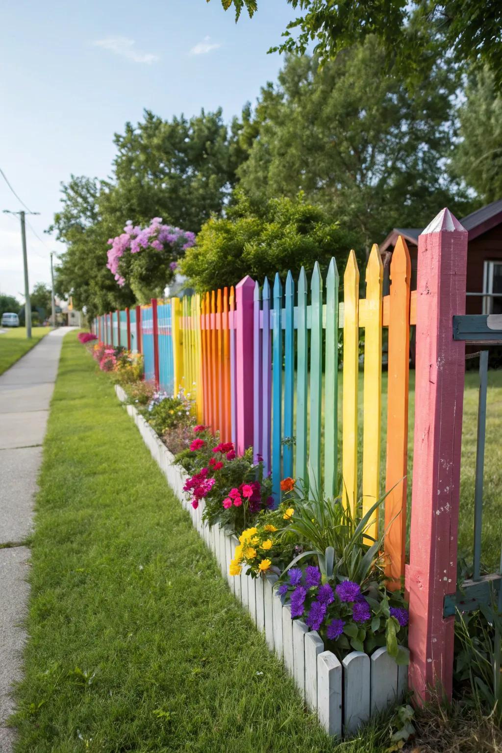 A whimsical picket fence exhibiting a spectrum of hues.