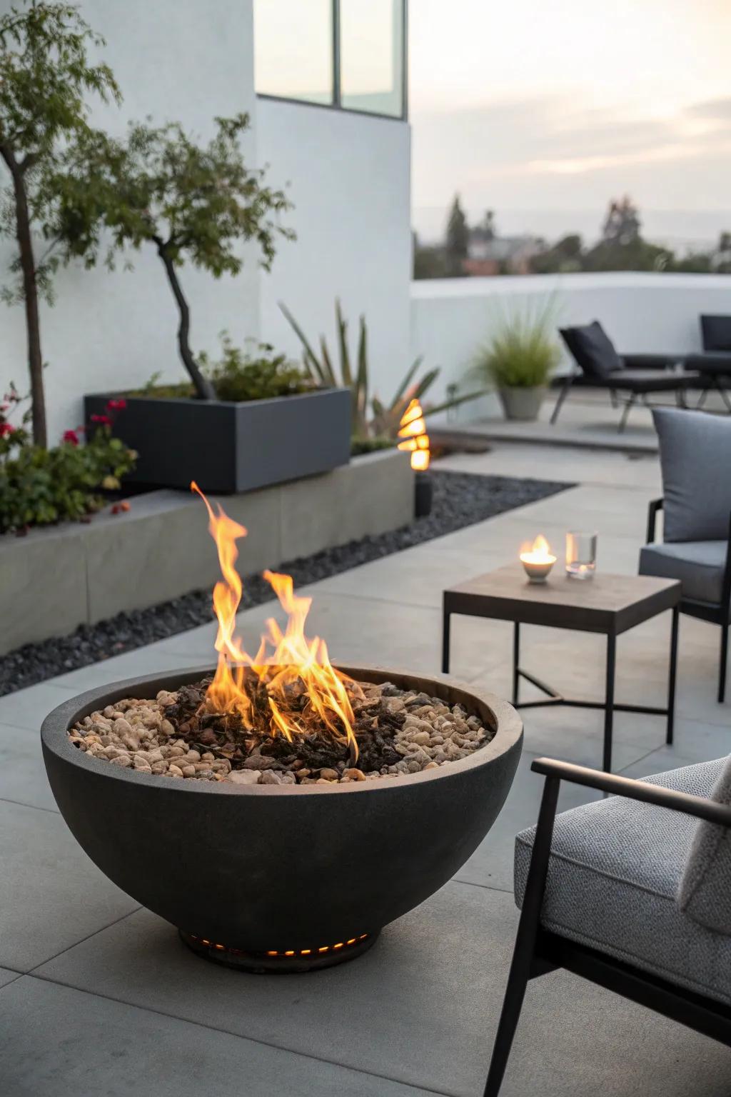 Artistic fire elements serve as eye-catching patio centerpieces.
