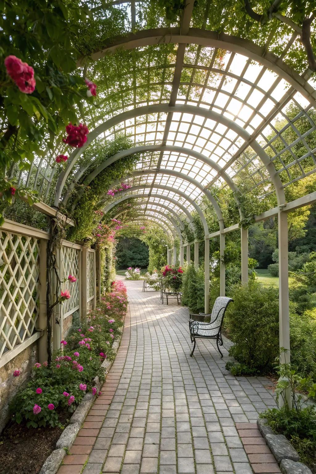 A whimsical lattice walkway adds storybook charm to your garden path.