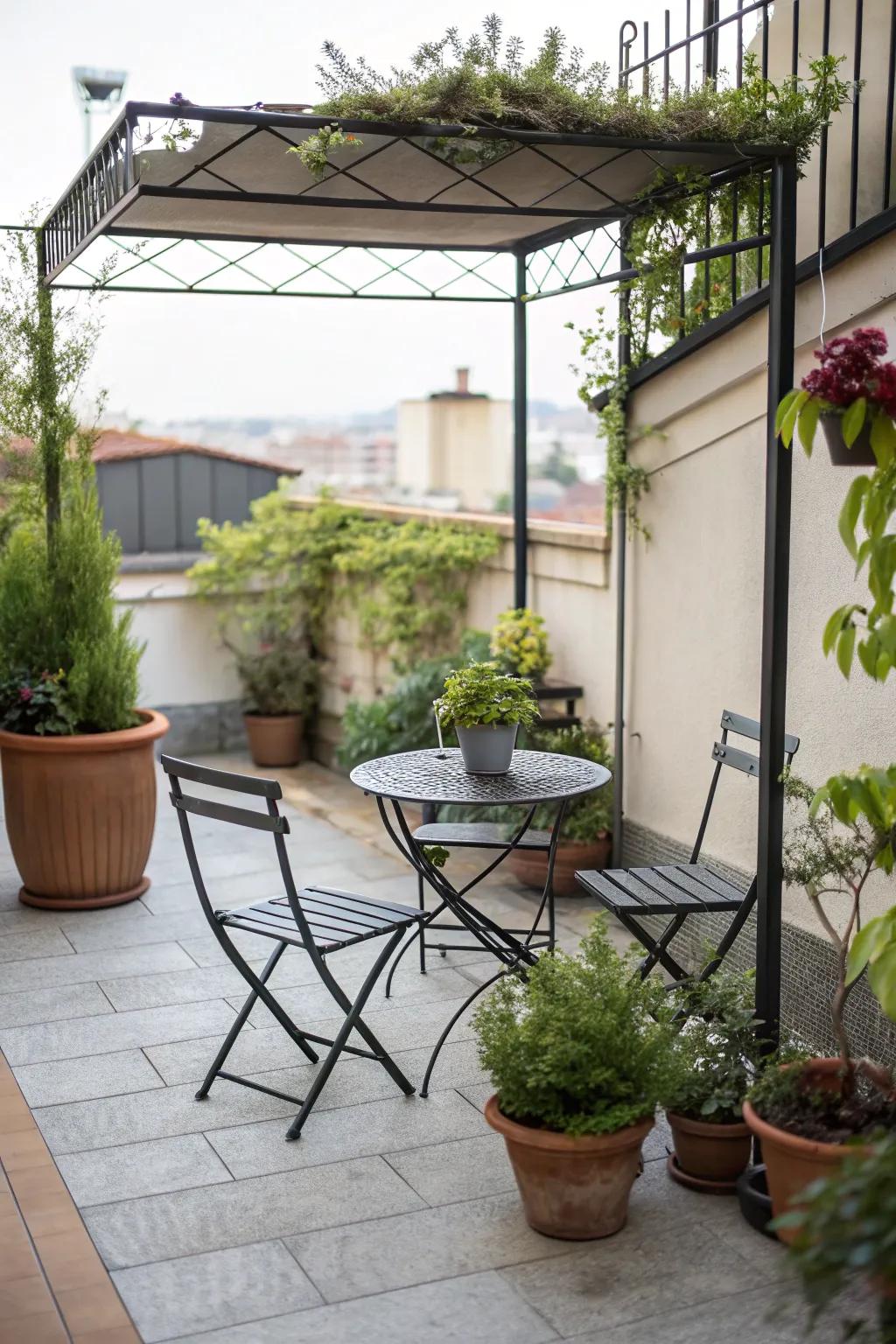 An efficient layout optimizes area on a small patio.
