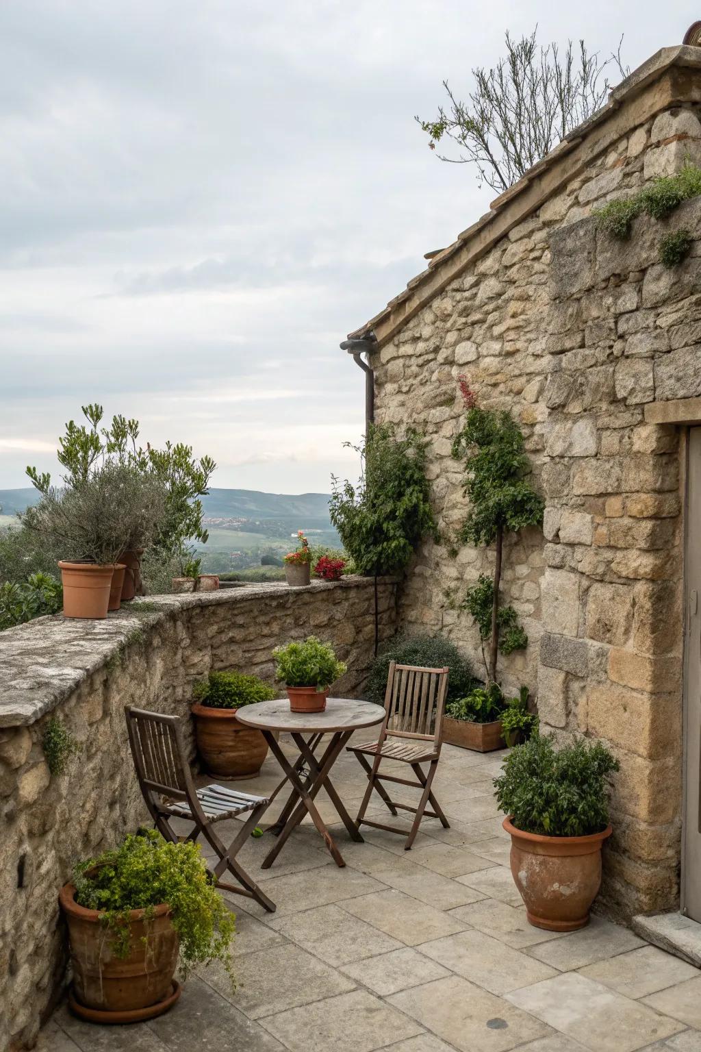 A classic stone facade enriches the homespun charm of the patio.