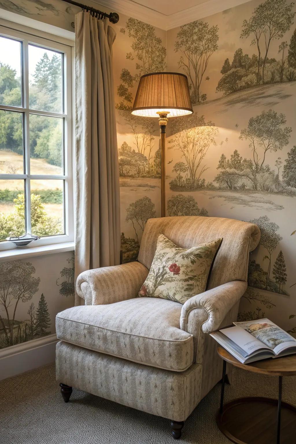 Construct an inviting reading nook complete with calming wallpaper patterns.