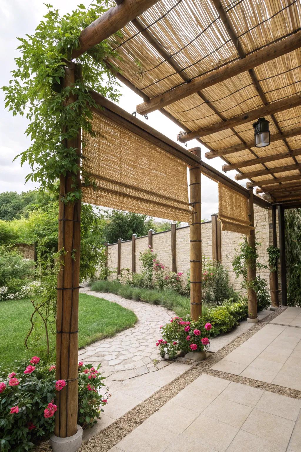 Bamboo shades enhance pergolas with sustainable charm.