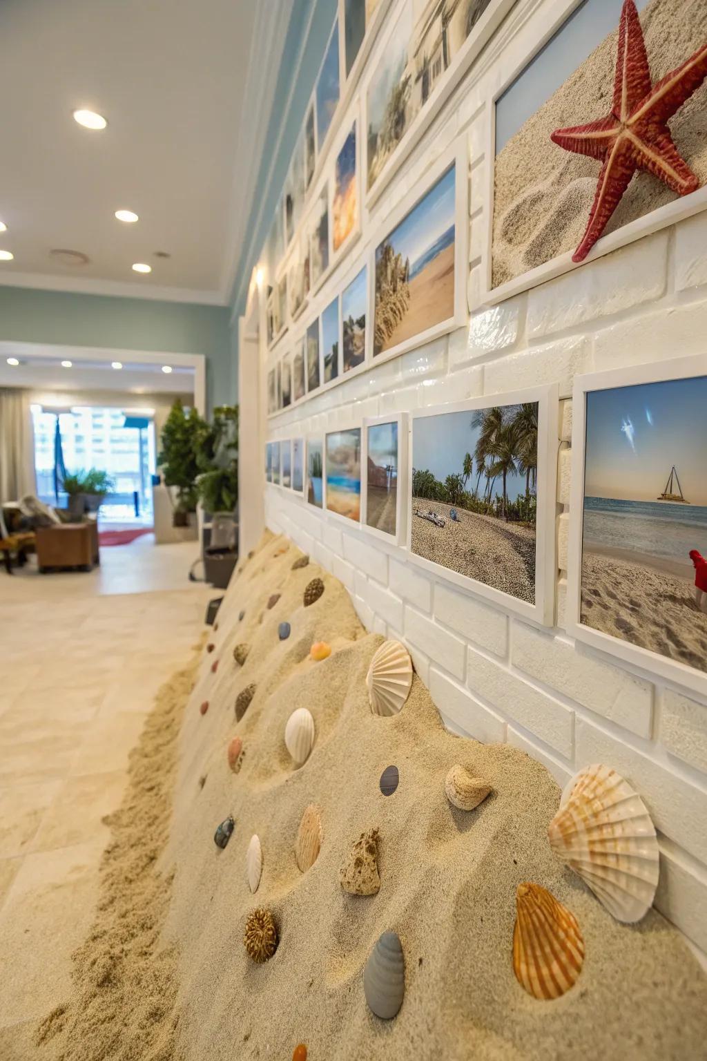 A coastal-themed photographic partition incorporating granules and coverings, transporting visitors to a coastal paradise.