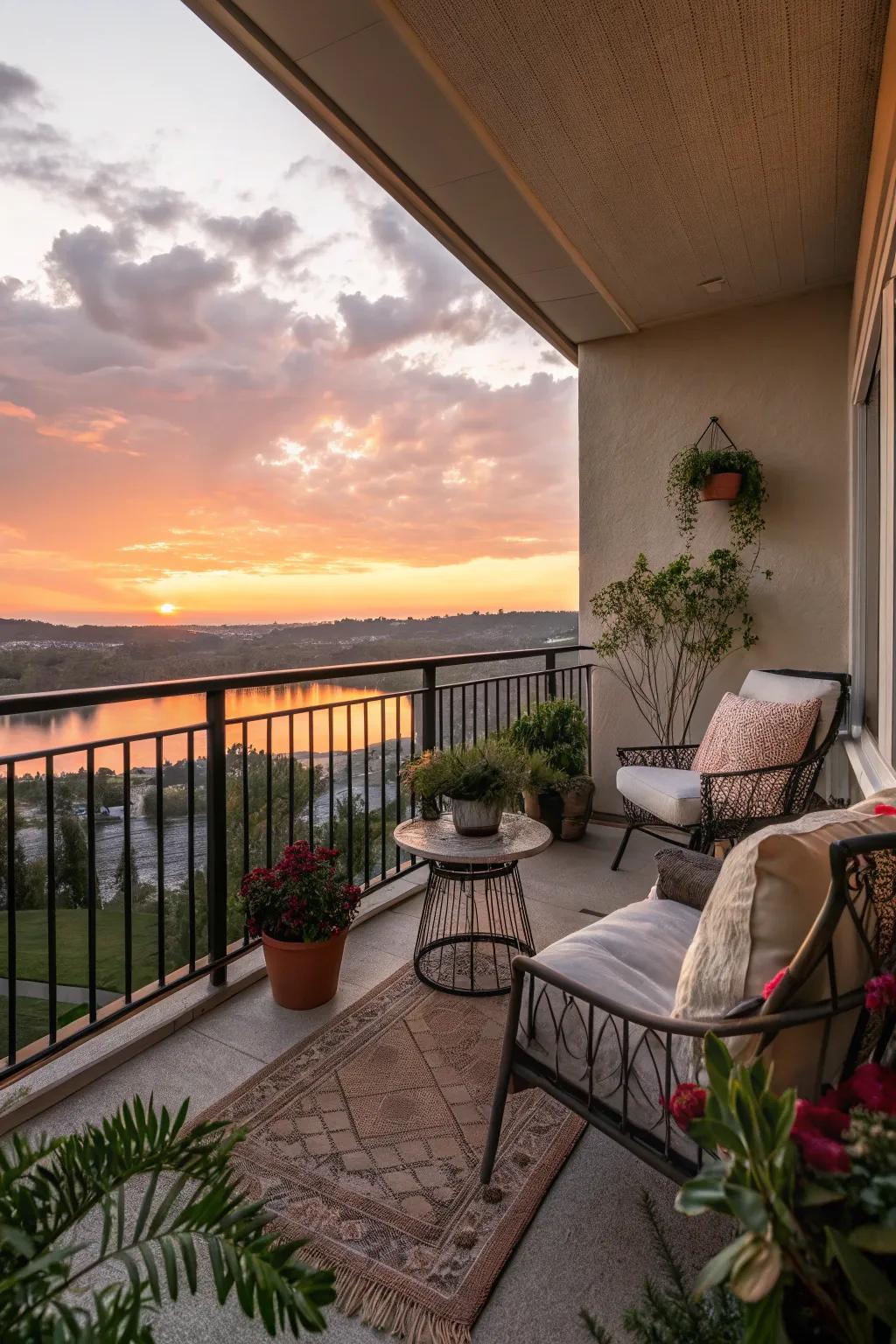 A serene porch view during sundown featuring snug seating.