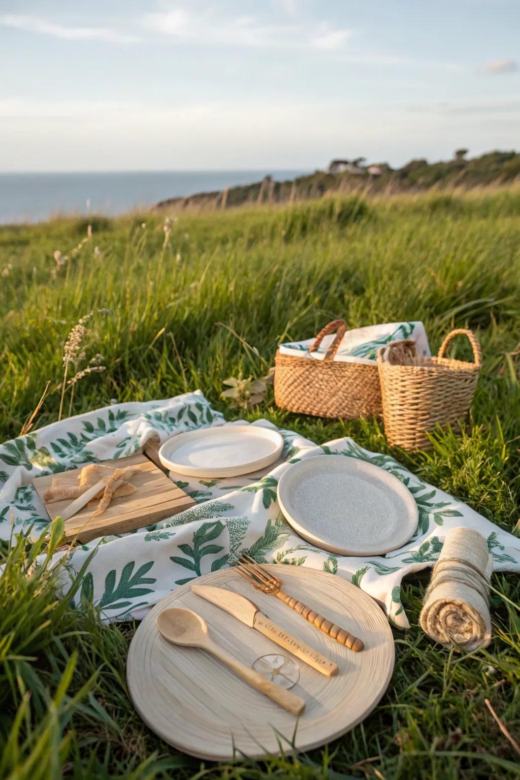 Eco-conscious crockery sustains your picnic's elegance and sustainability.
