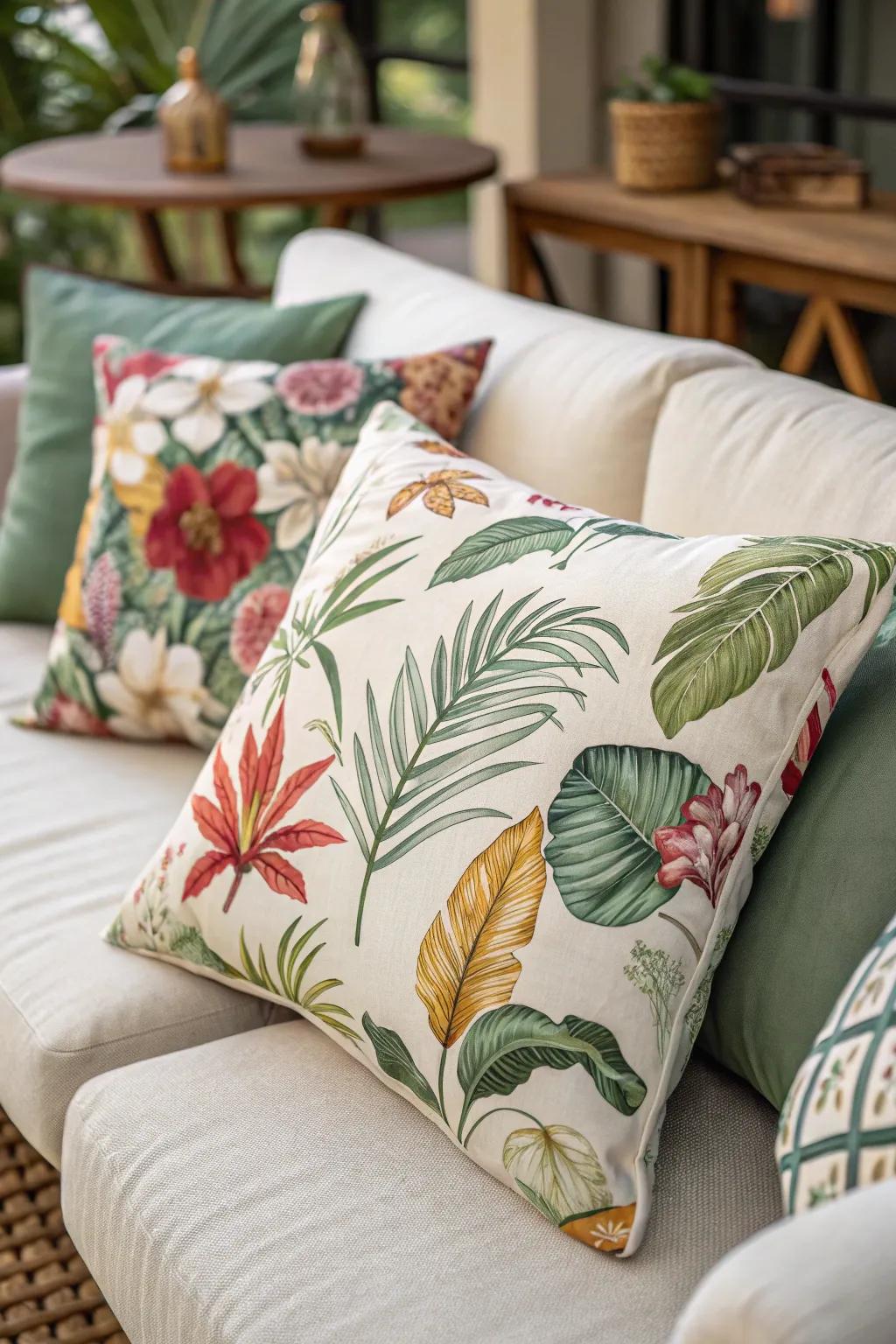 Botanical pillows bringing a fresh vibe to the decor.