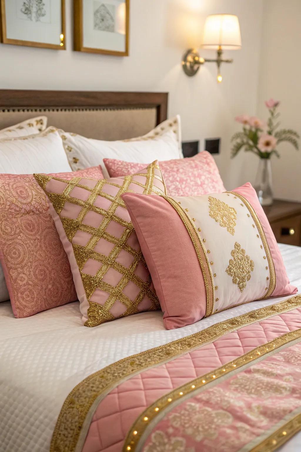 Decorative cushions with gilded accents contribute flair and comfort.