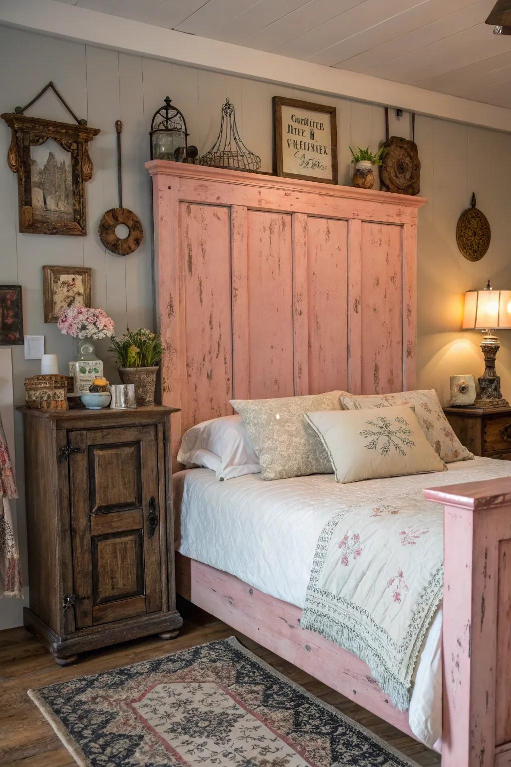 A country and inviting space featuring a pink distressed wood headboard.