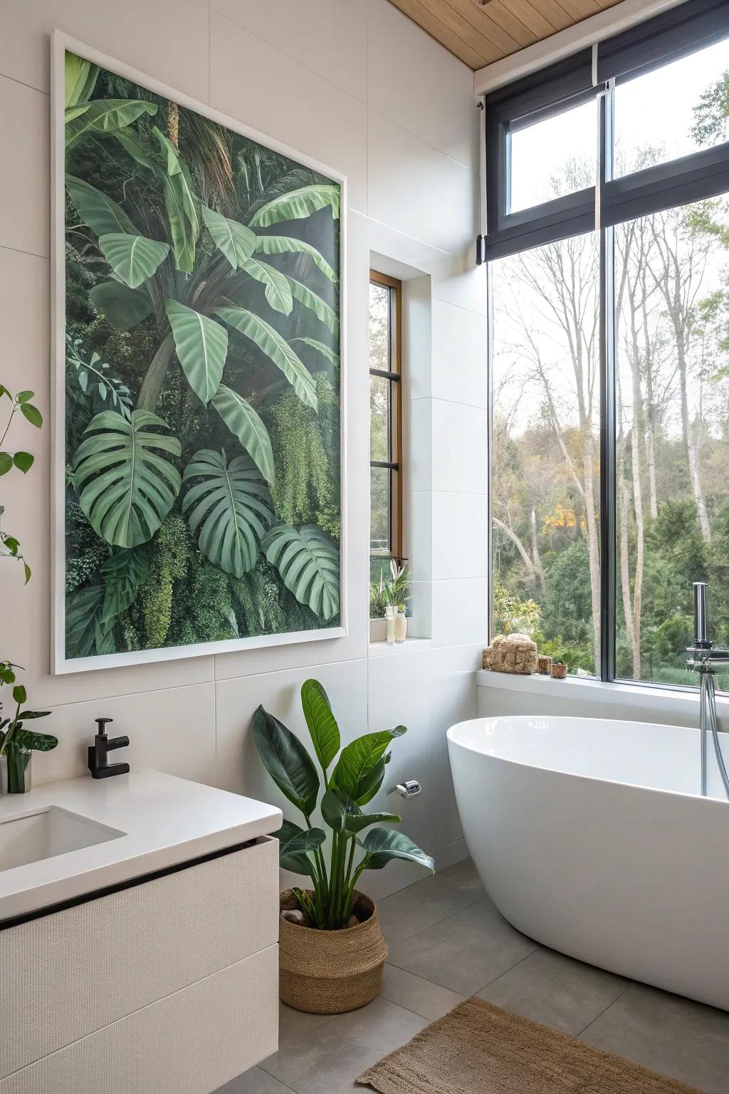 A plant-inspired print introducing a revitalizing sensation to a lavatory with lavish plant imagery.