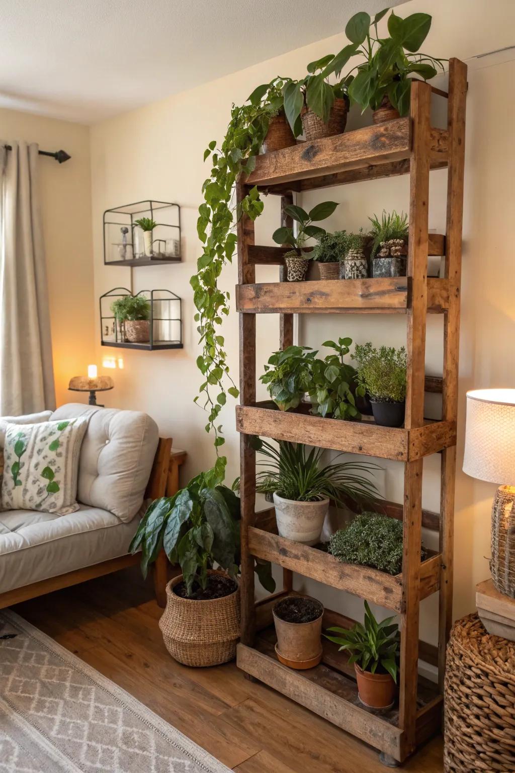 Sustainable beauty with repurposed plant shelves.