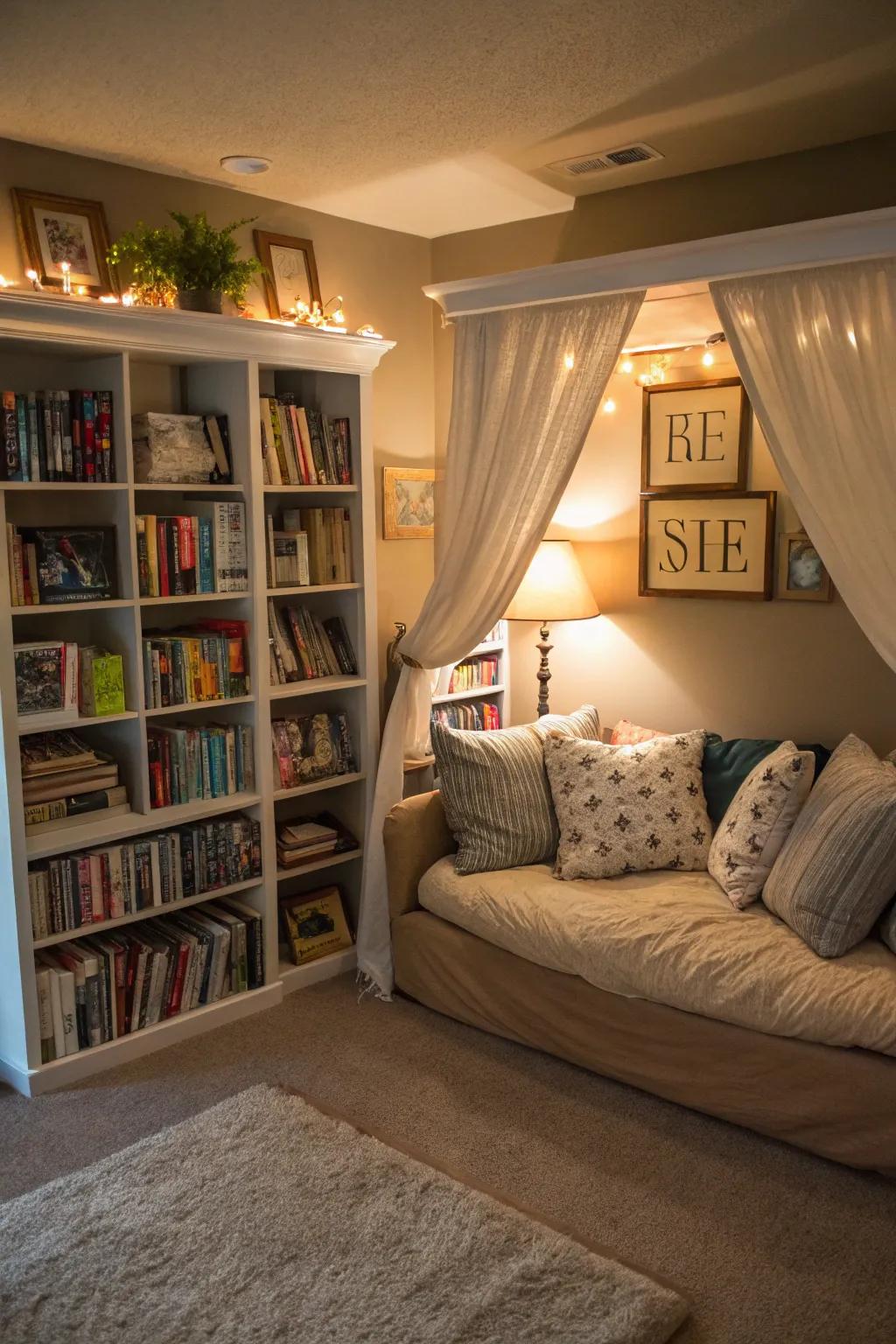 A serene playroom corner showcases a pleasant reading seating arrangement.