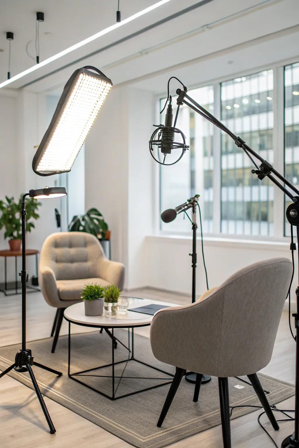 A podcast studio equipped with adaptable lighting.
