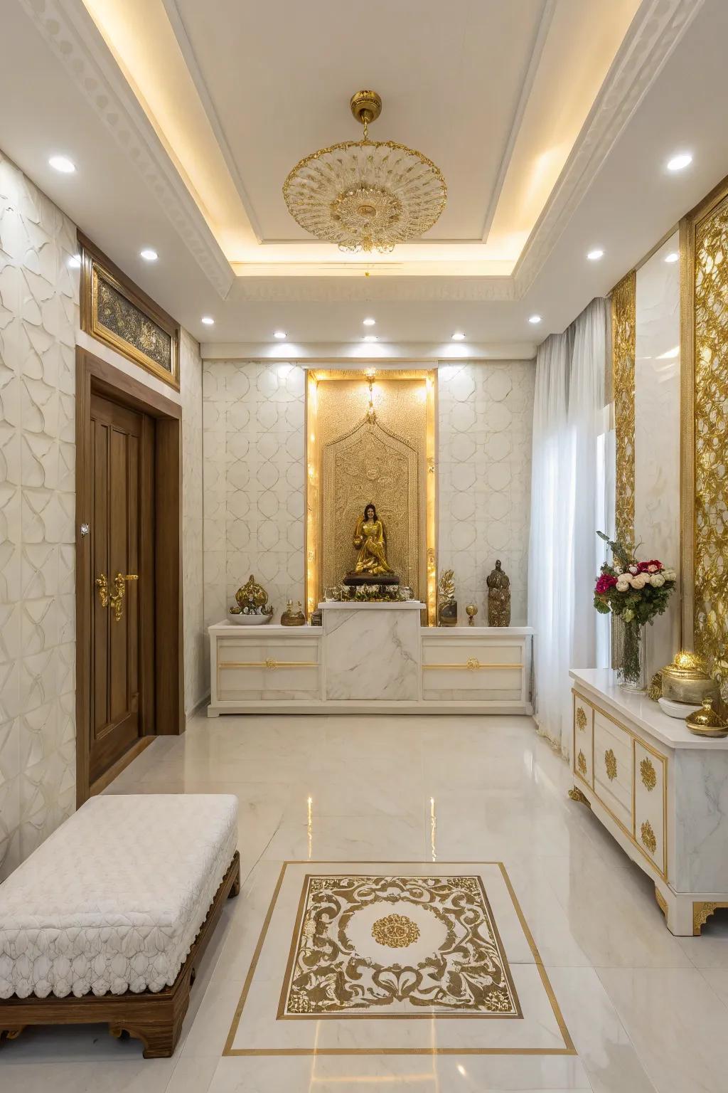 A soothing color palette of gold and white creates a calming atmosphere.