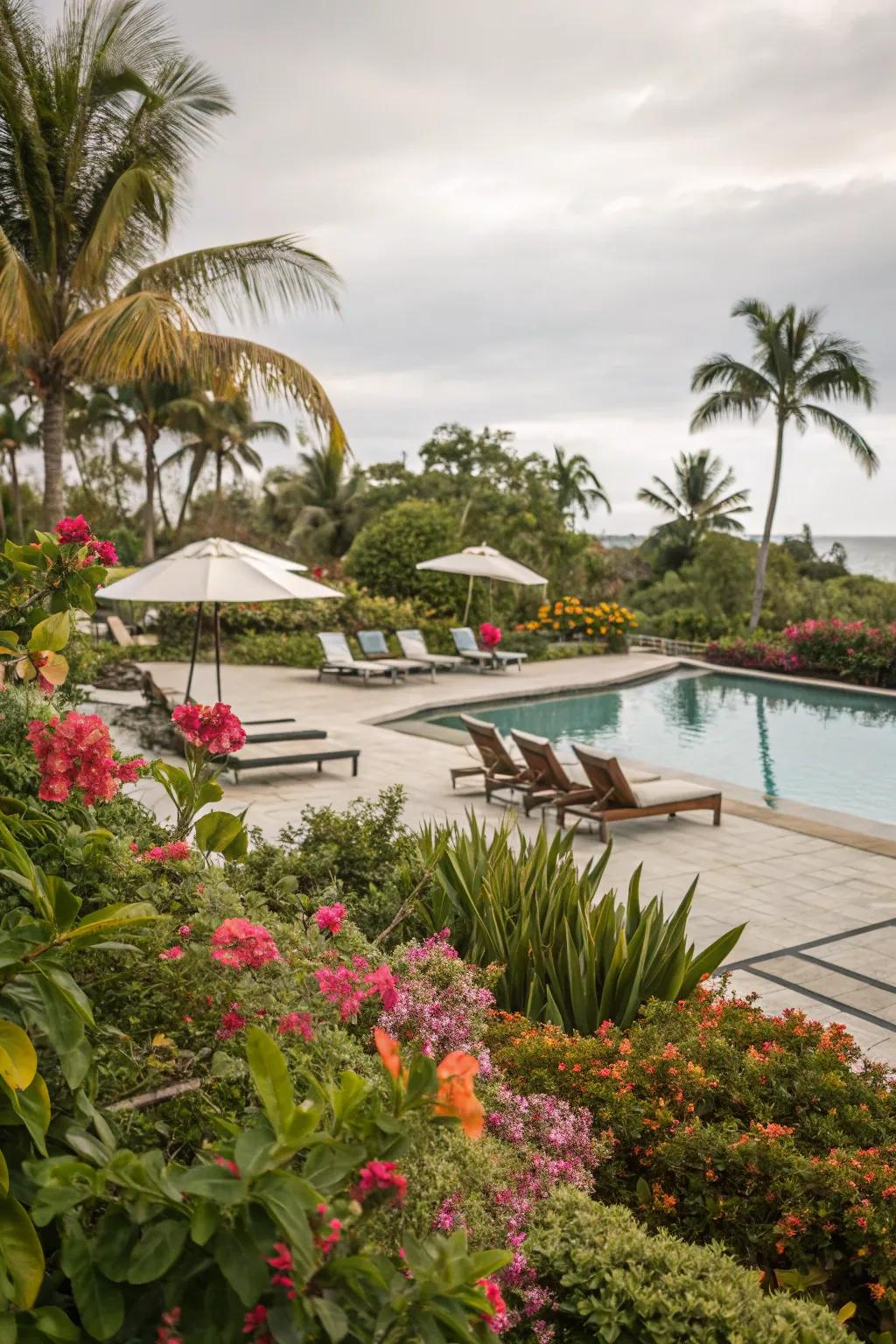 Tropical plants transform your pool deck into an exotic escape.
