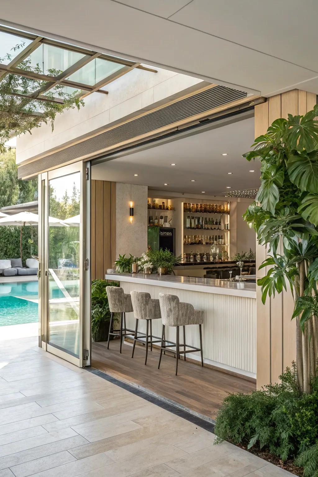 Retractable dividers forge a fluid passage between your wet bar and pool spaces.