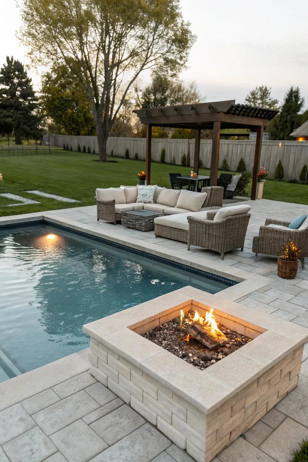 A snug poolside brazier ideal for gatherings.