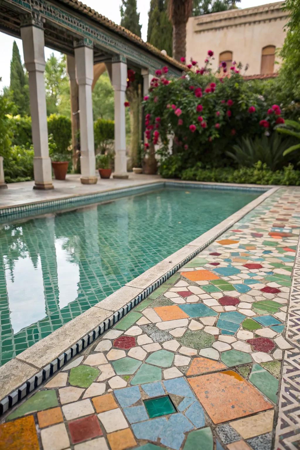 A swimming pool exhibiting a stunning mosaic block layout.
