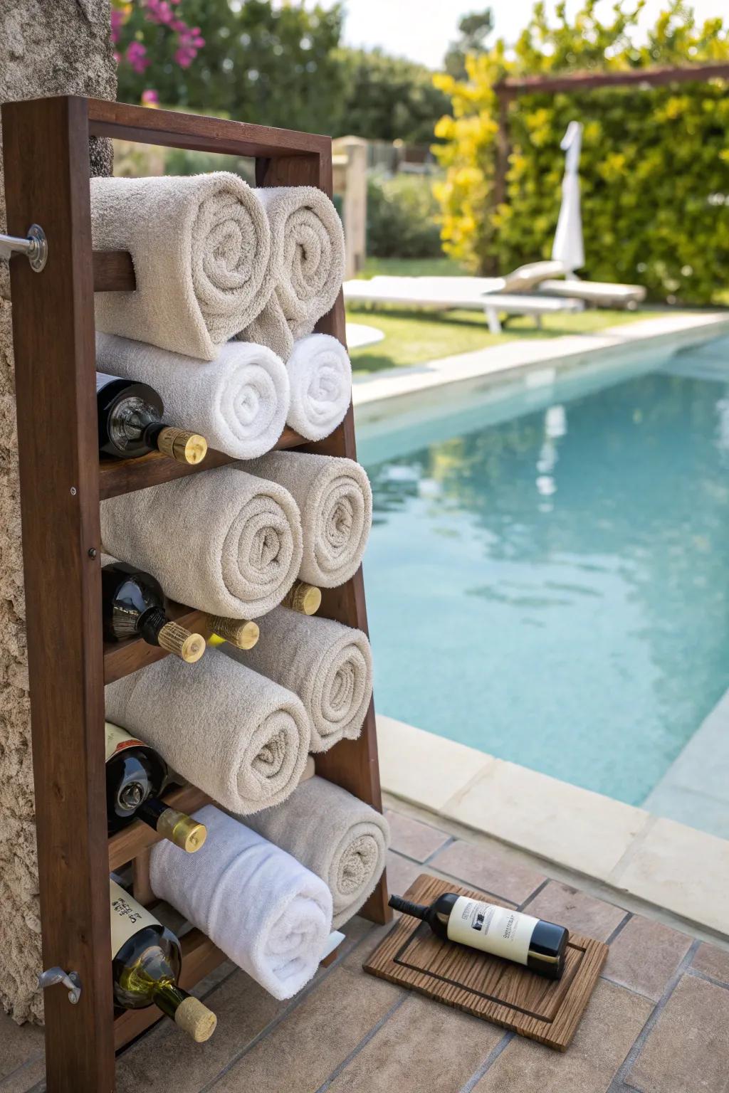 A wine rack resourcefully repurposed into a towel holder.