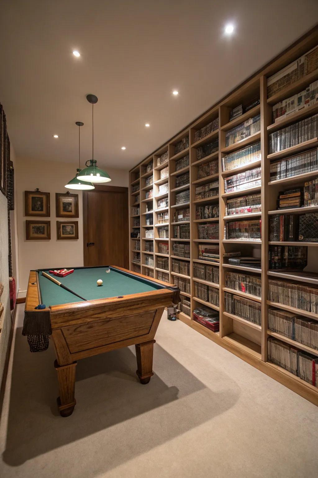 Elevated decor elements make the small pool table room appear taller and more open.