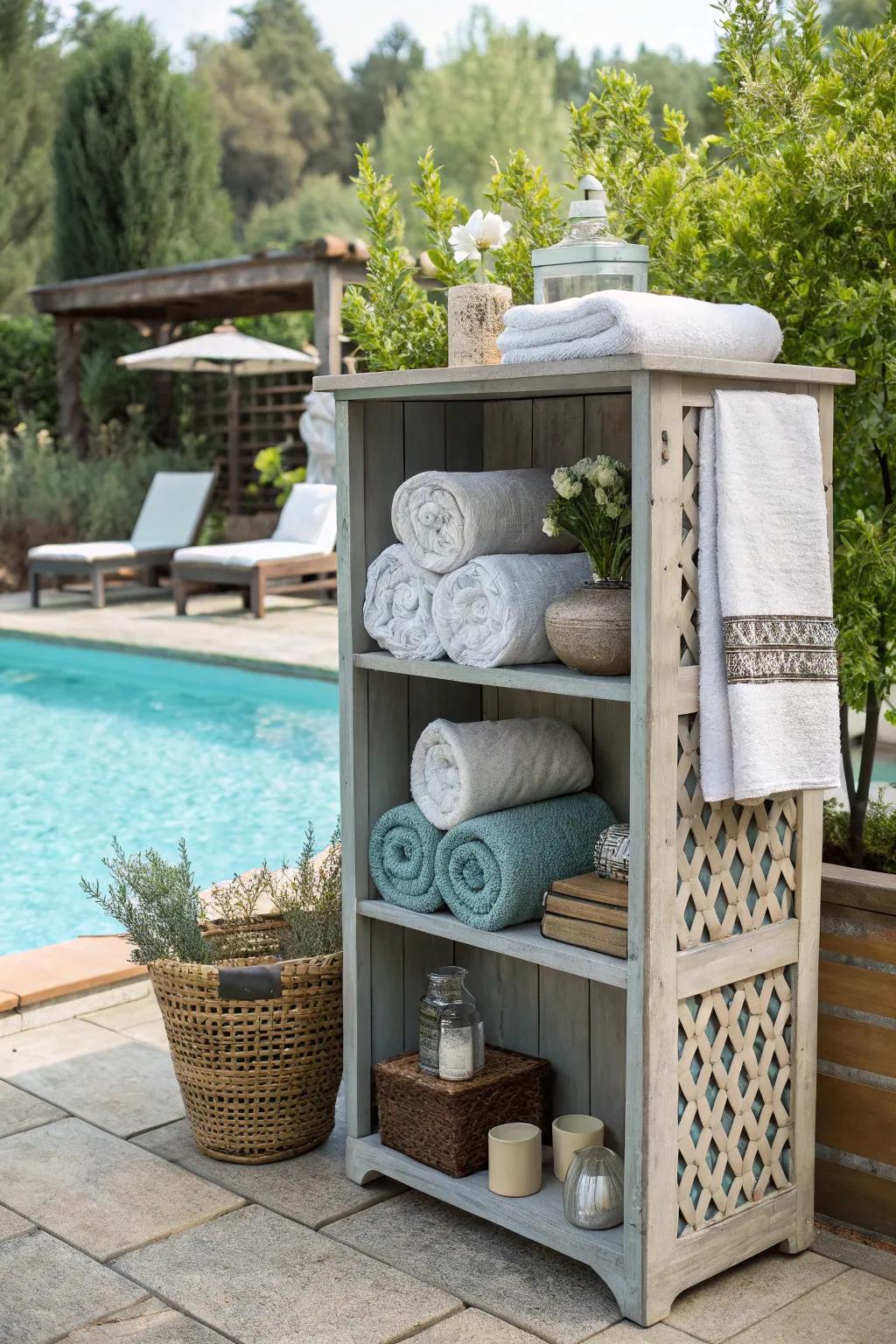 Reinvented bookshelf for a cozy poolside impression.