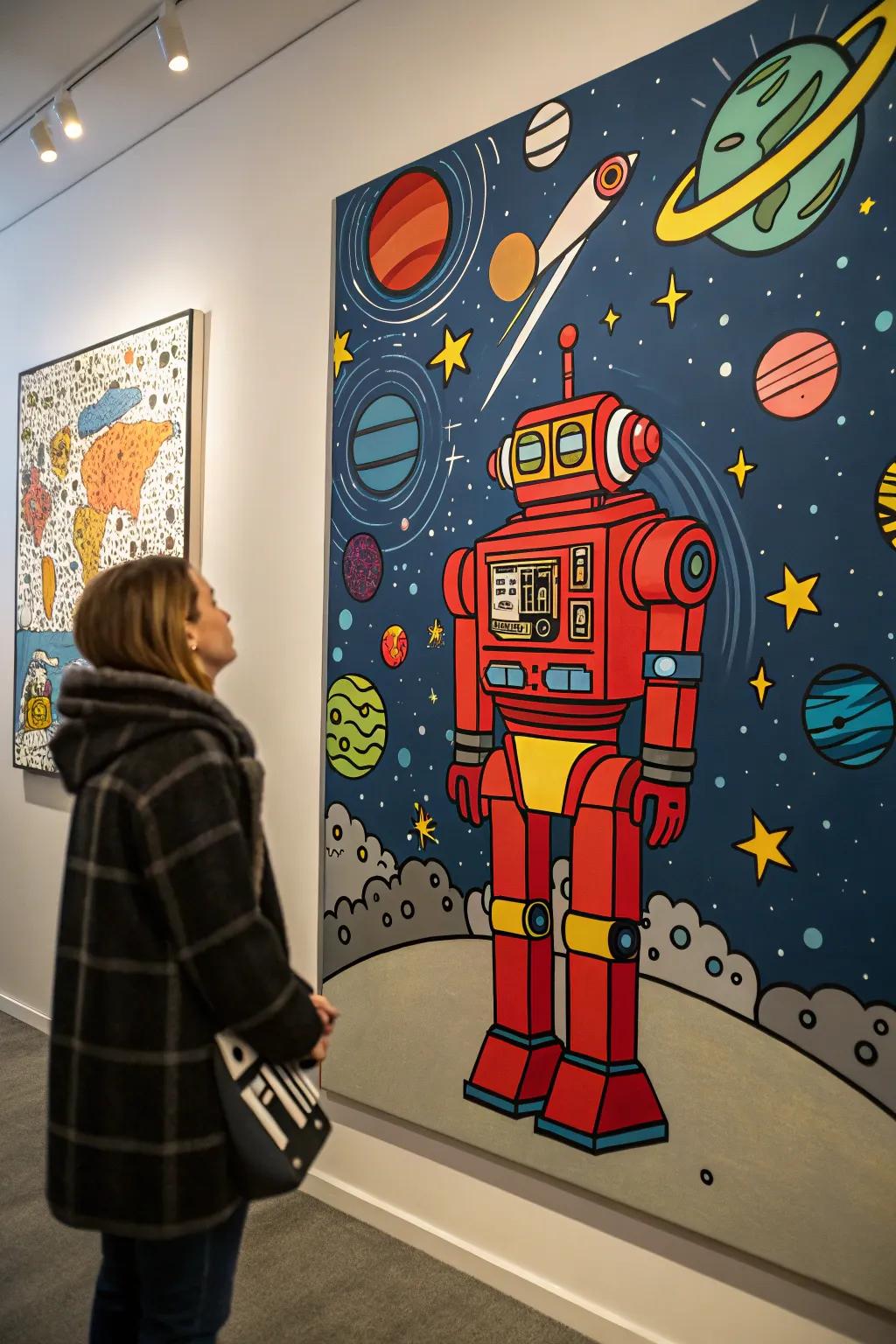 A futuristic art painting featuring a robot on a cosmic backdrop.
