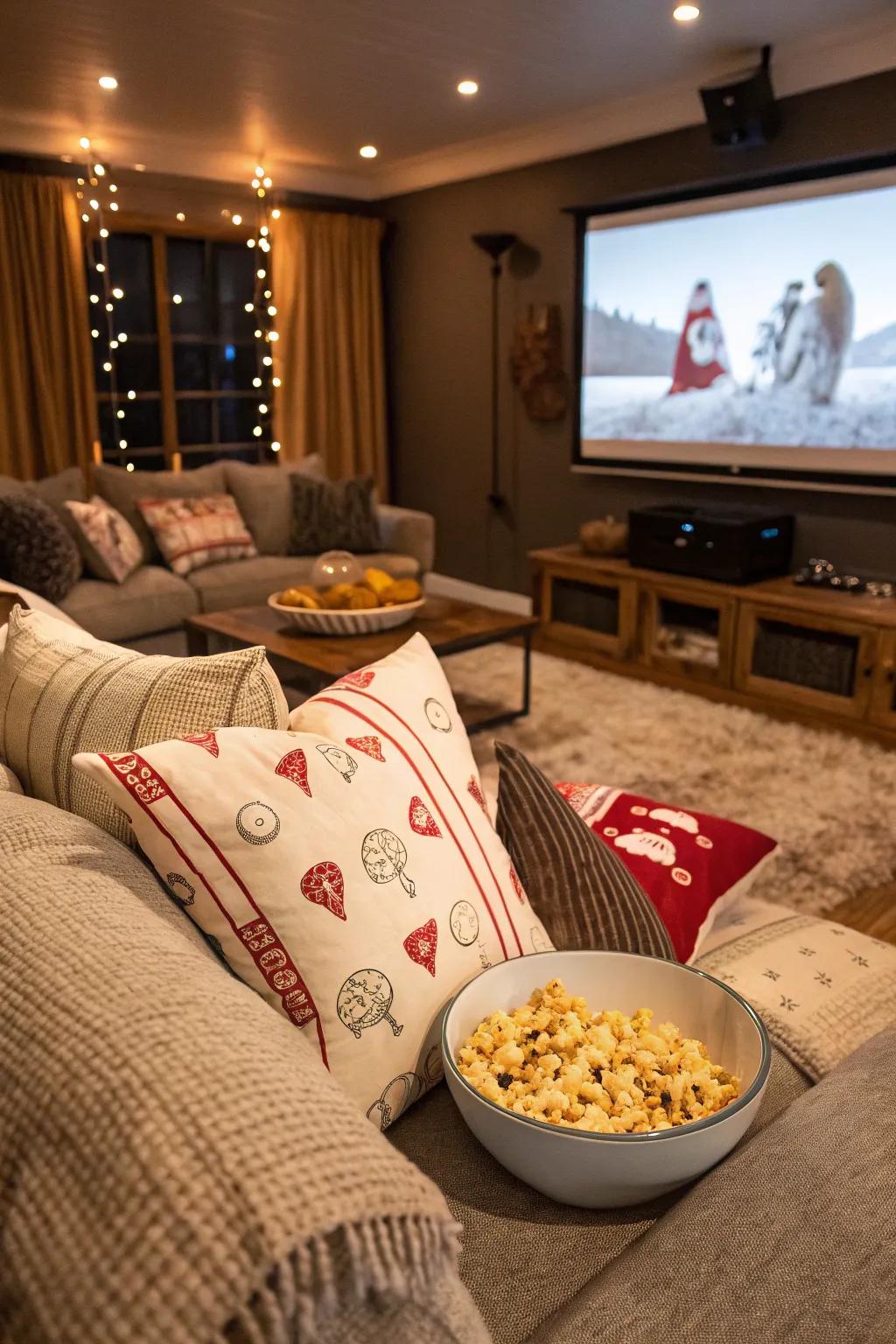 Develop a comfortable and joyful setting for film night with crispy puff-inspired decorations.