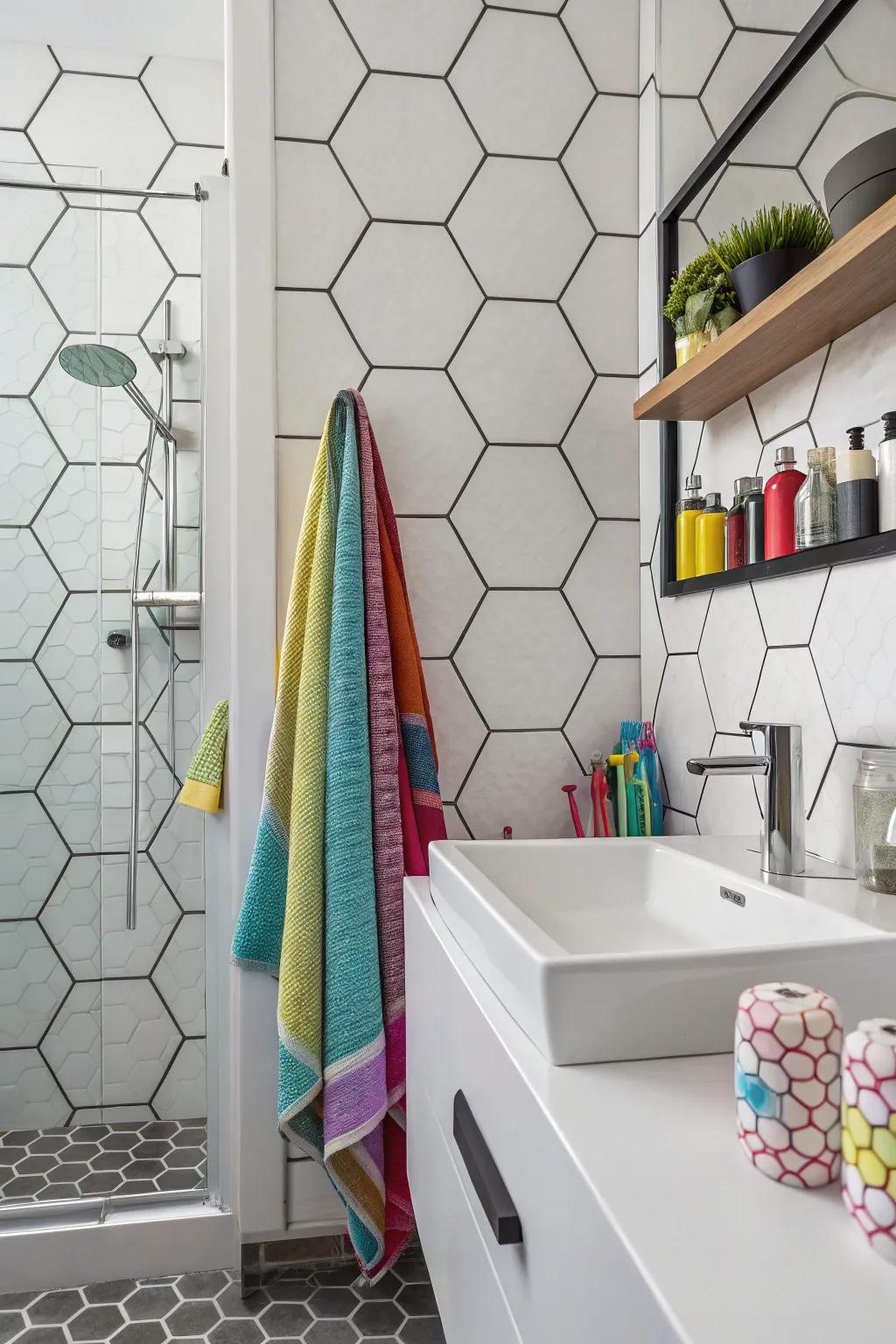 Hexagon squares impart a contemporary playful variation to this modern washroom blueprint.