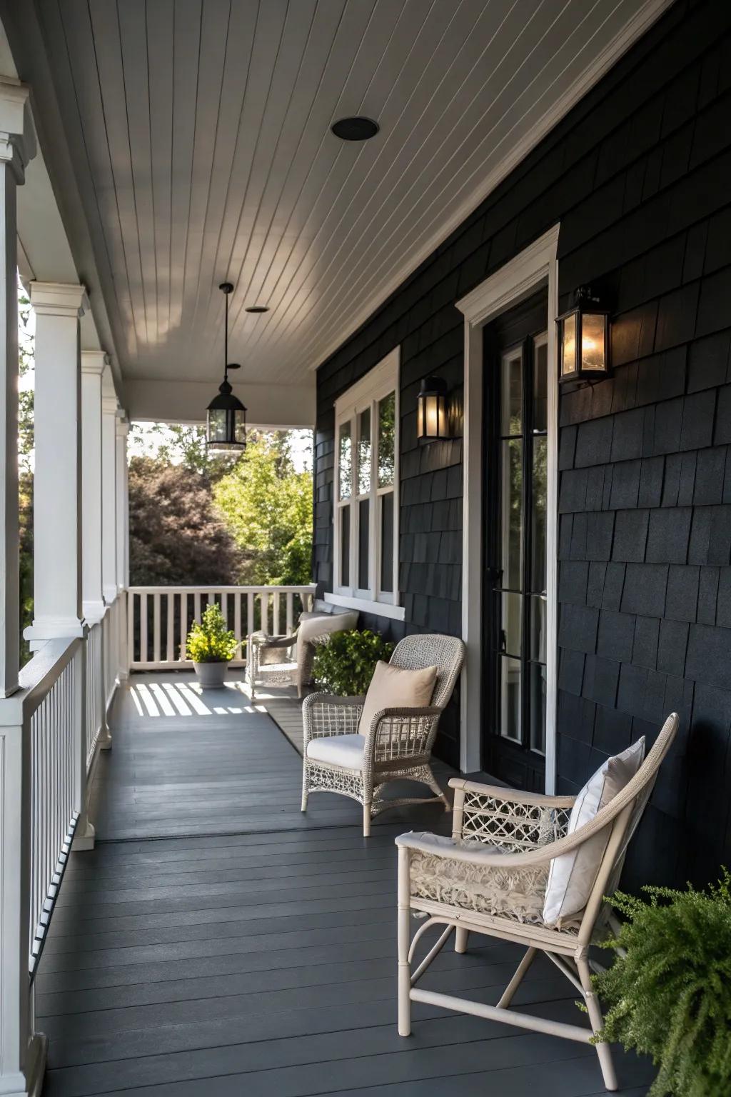 A moody graphite porch that offers a striking and contemporary aesthetic.