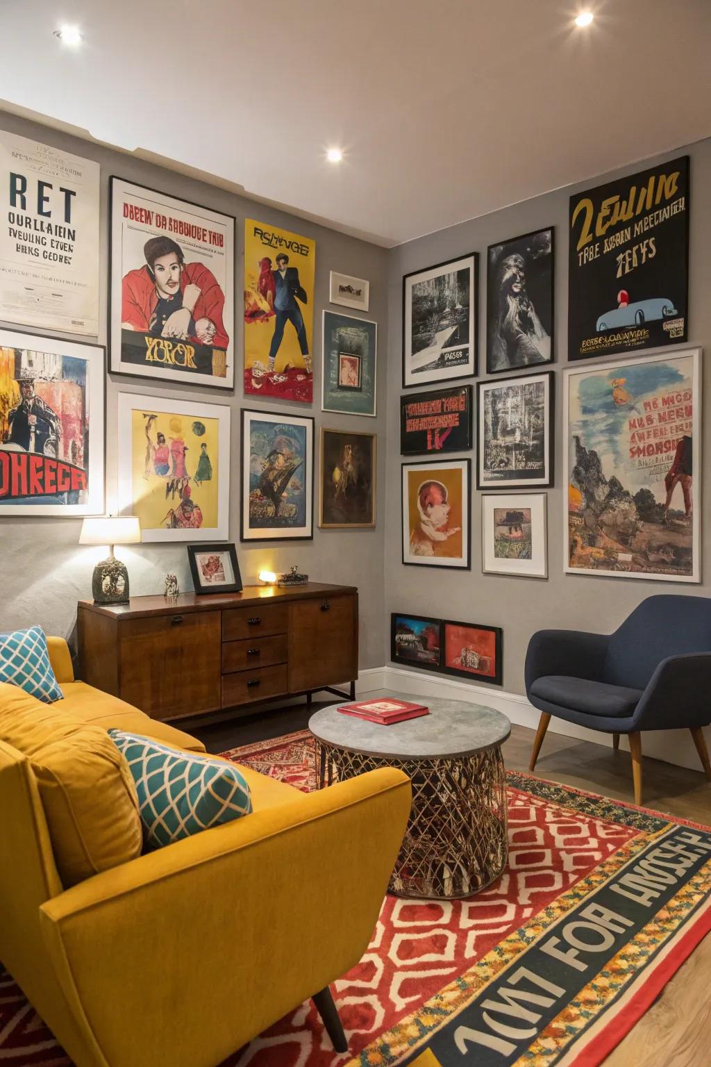 An eclectic-themed living room showcasing a wide variety of poster designs.