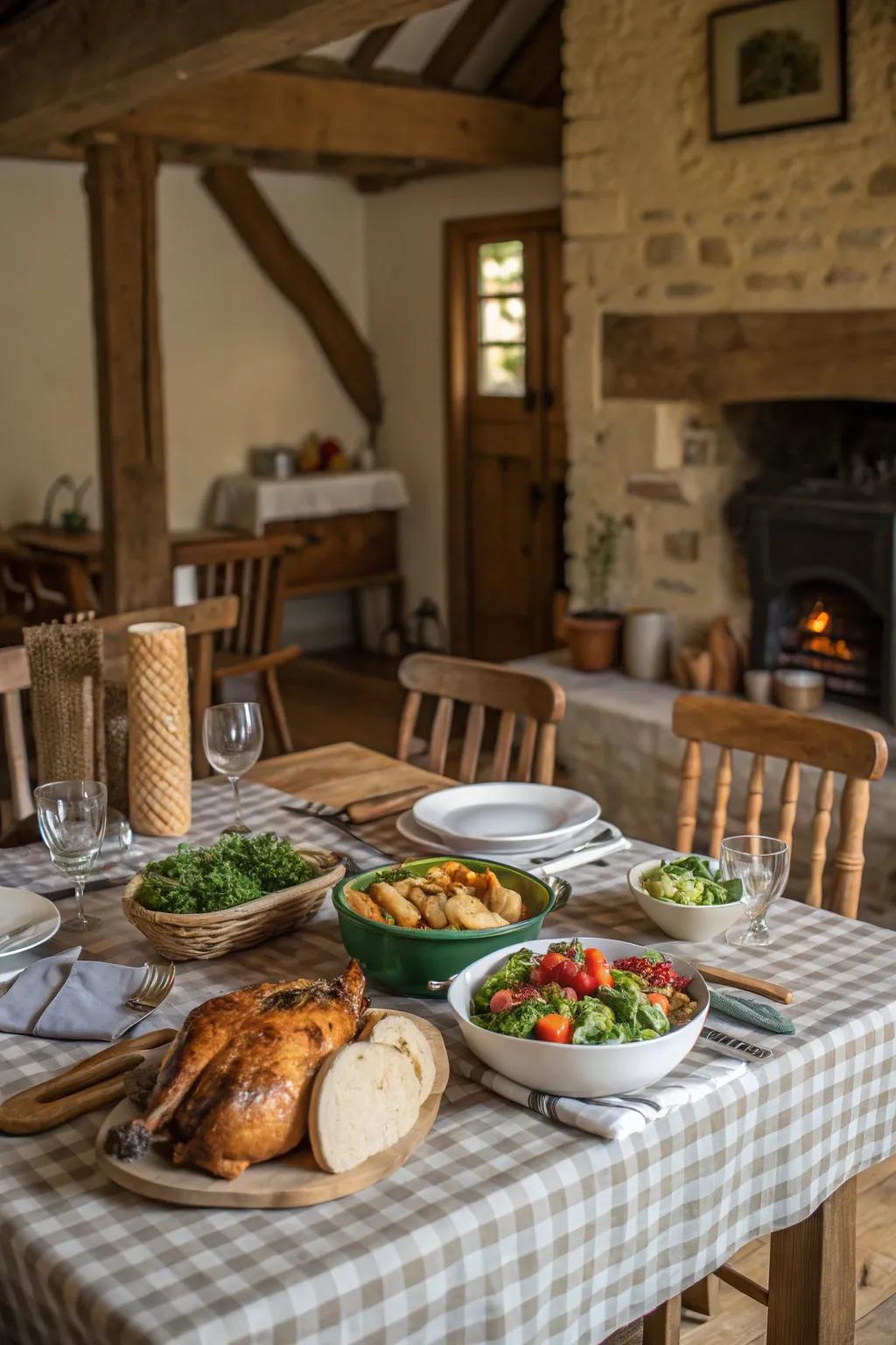 A farmhouse style dining area set with rustic dishes and inviting decor.