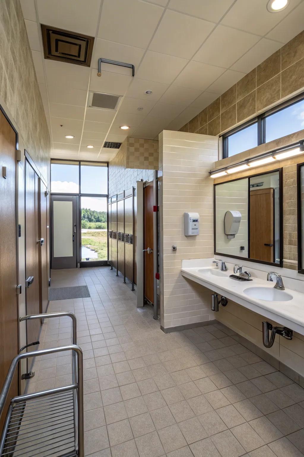 Accessibility features ensure inclusivity in public restroom design.